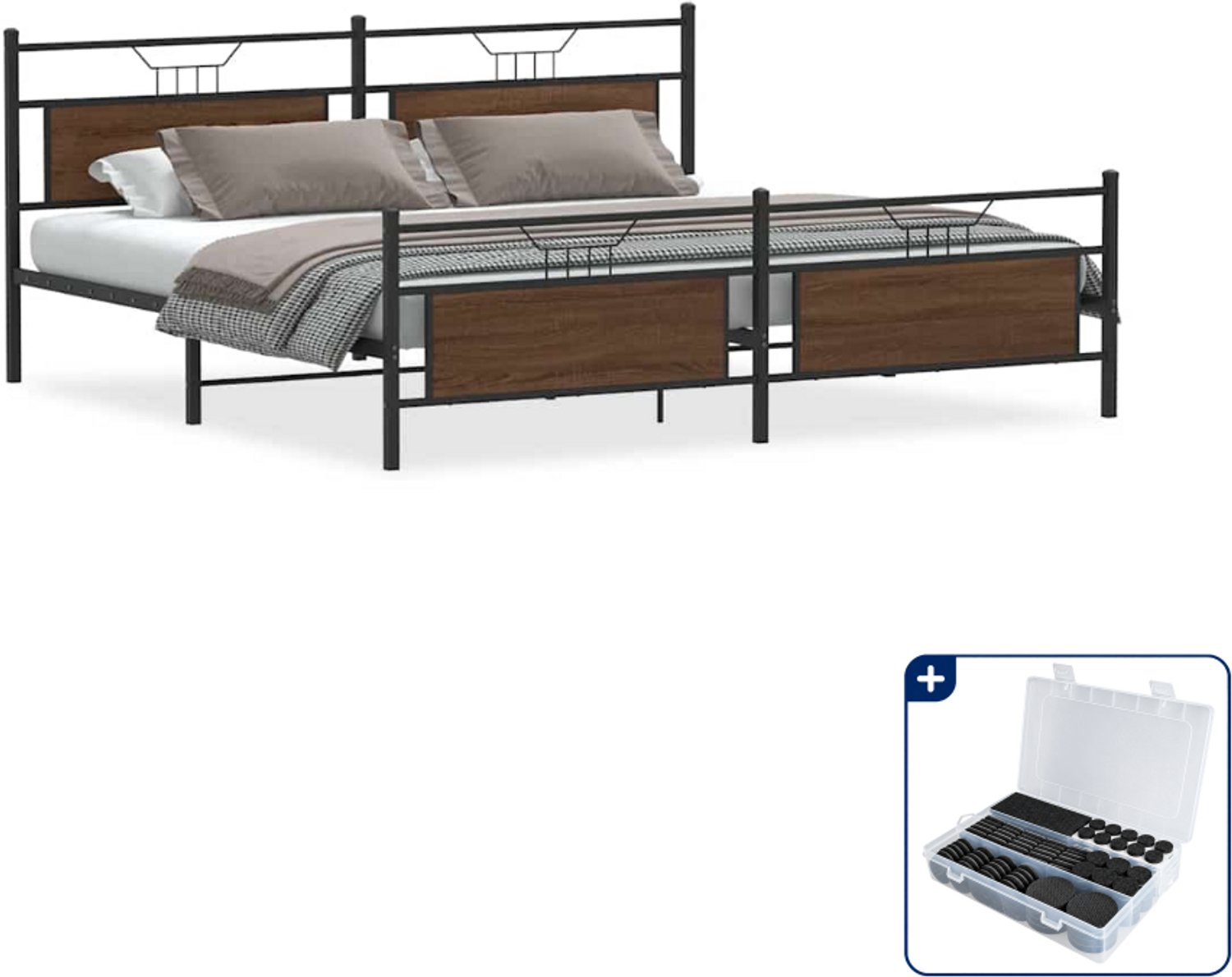 vidaXL bedframe - 193 x 203 cm - staal en bewerkt hout - bruineiken - Inclusief antikrasvilt 177-delig
