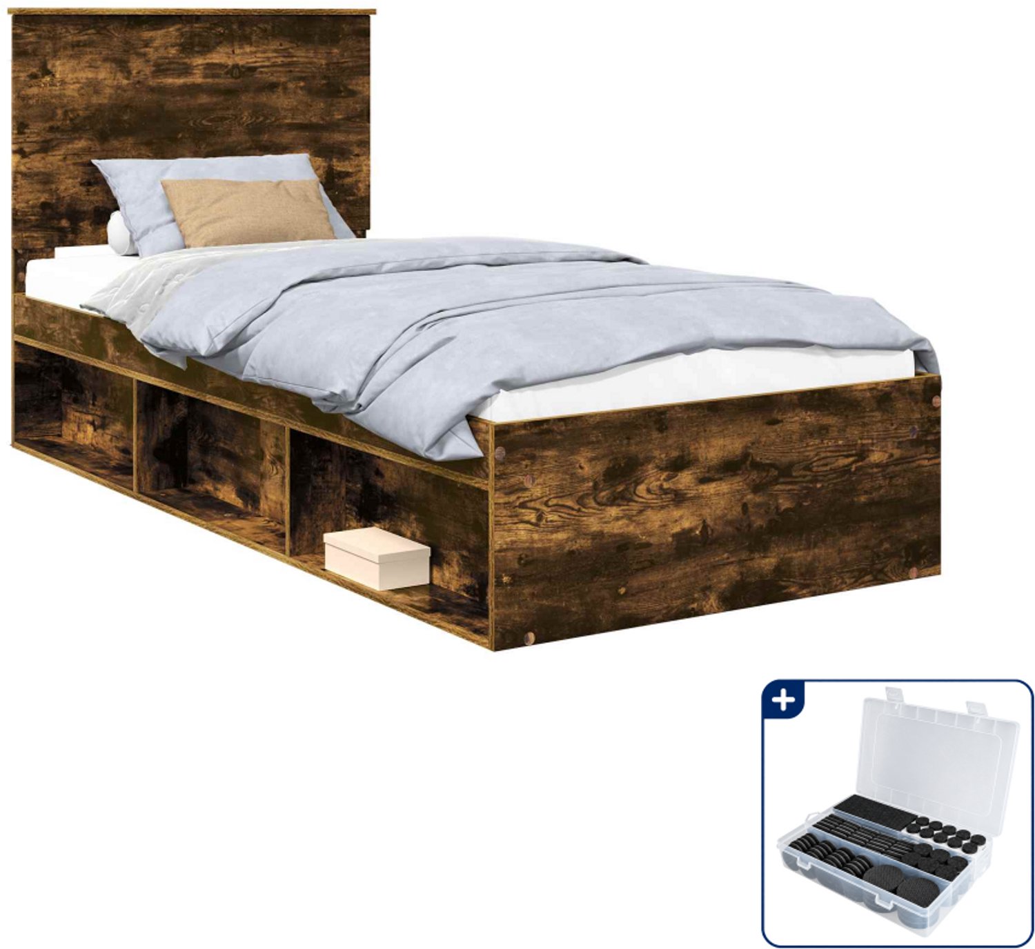 vidaXL bedframe - 75 x 190 cm - bewerkt hout en grenenhout - gerookt eiken - Inclusief antikrasvilt 177-delig Grijs