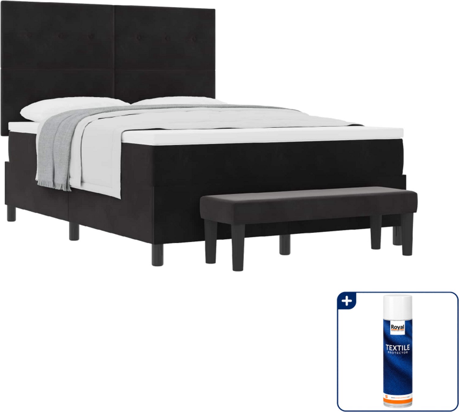 vidaXL boxspring bed - 140 x 190 cm - fluweel - zwart - Inclusief textielbeschermer 500 ml