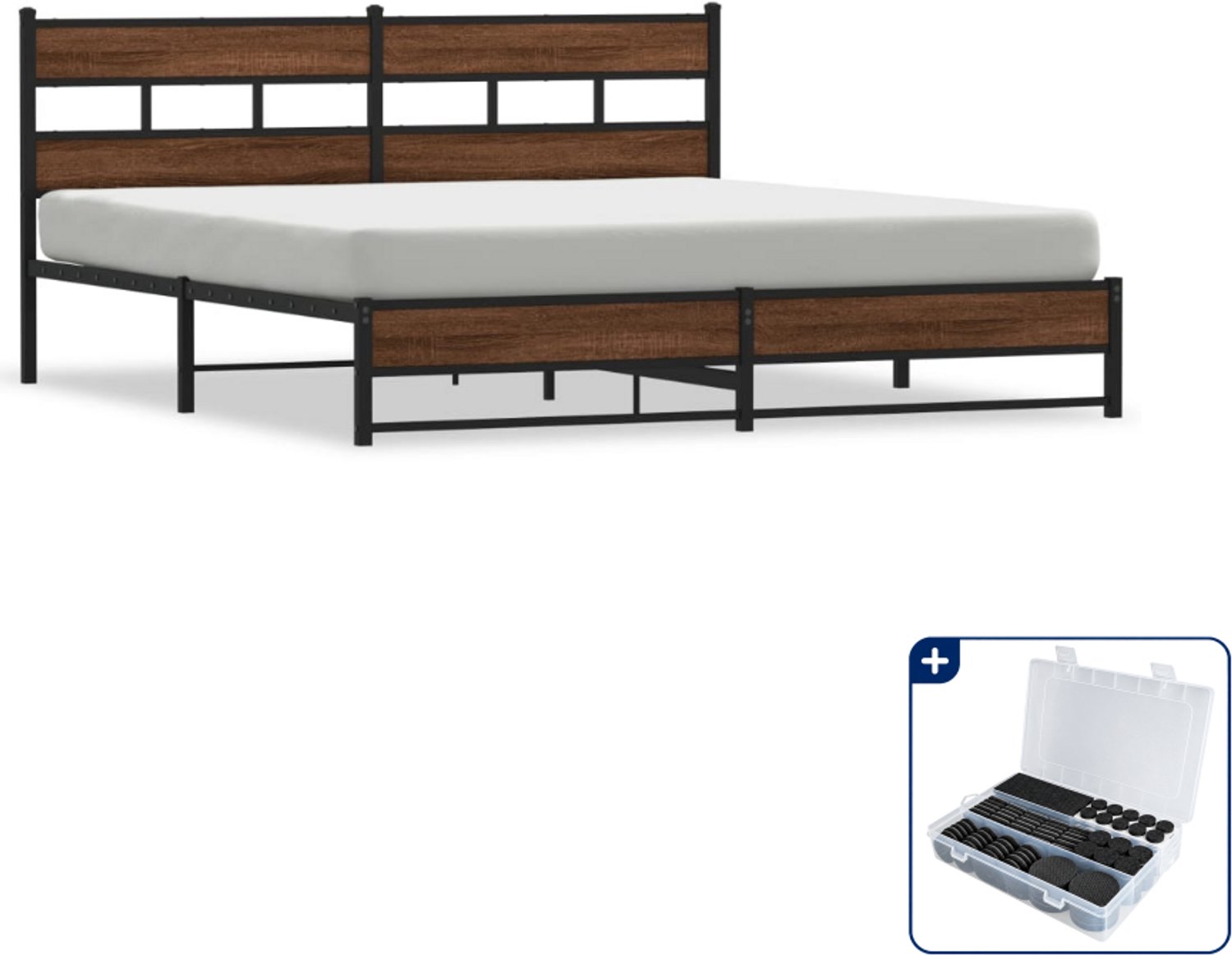 vidaXL bedframe - 183 x 213 cm - staal en bewerkt hout - bruineiken - Inclusief antikrasvilt 177-delig