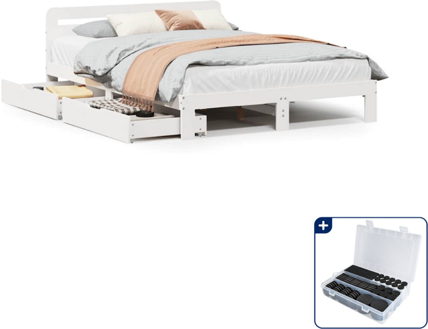 vidaXL Bedframe met 2 lades - 150 x 200 cm - massief grenenhout - wit - Inclusief antikrasvilt 177-delig Crème