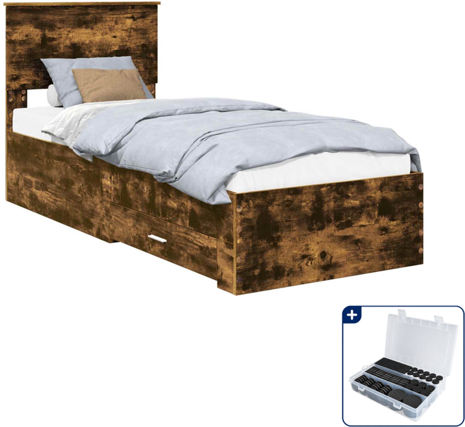 vidaXL bedframe - 75 x 190 cm - bewerkt hout - gerookt eiken - Inclusief antikrasvilt 177-delig Grijs