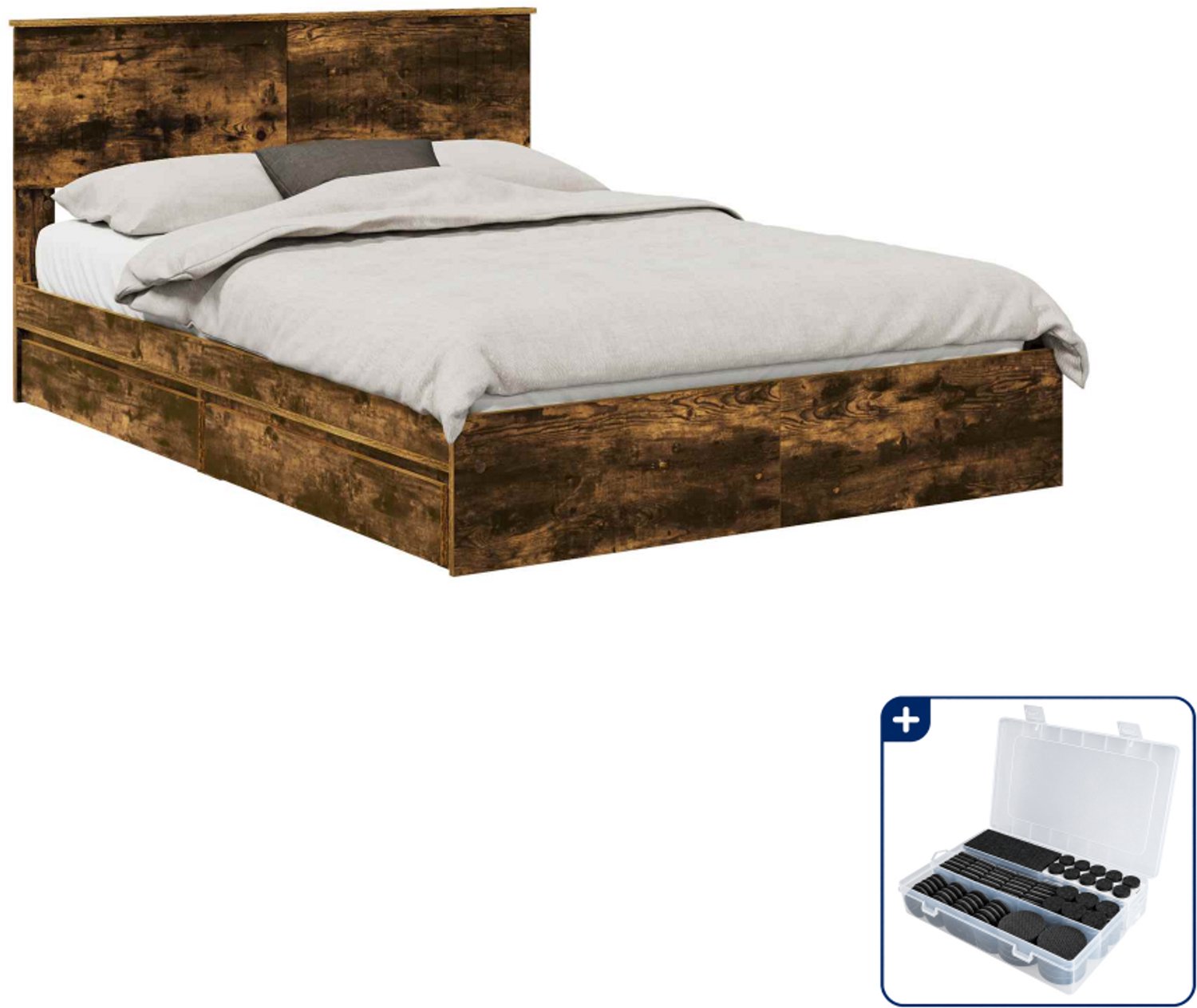vidaXL bed met lade - 135 x 190 cm - bewerkt hout - gerookt eiken - Inclusief antikrasvilt 177-delig Bruin