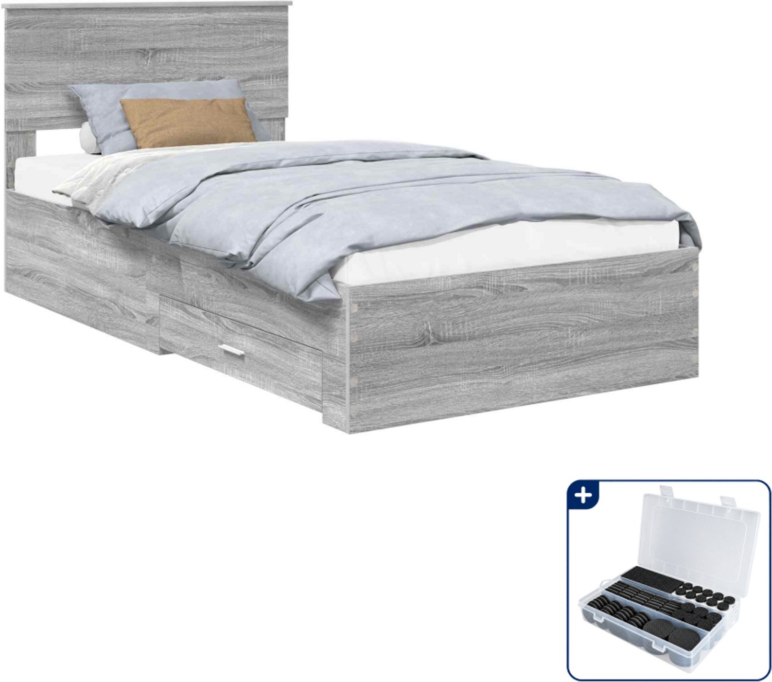 vidaXL bedframe met lade - 100 x 200 cm - bewerkt hout - grijs sonoma - Inclusief antikrasvilt 177-delig Bruin