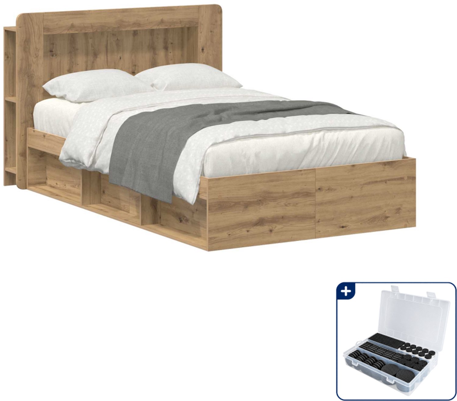 vidaXL bedframe met opbergruimte - 120 x 200 cm - bewerkt hout - eiken - Inclusief antikrasvilt 177-delig Bruin