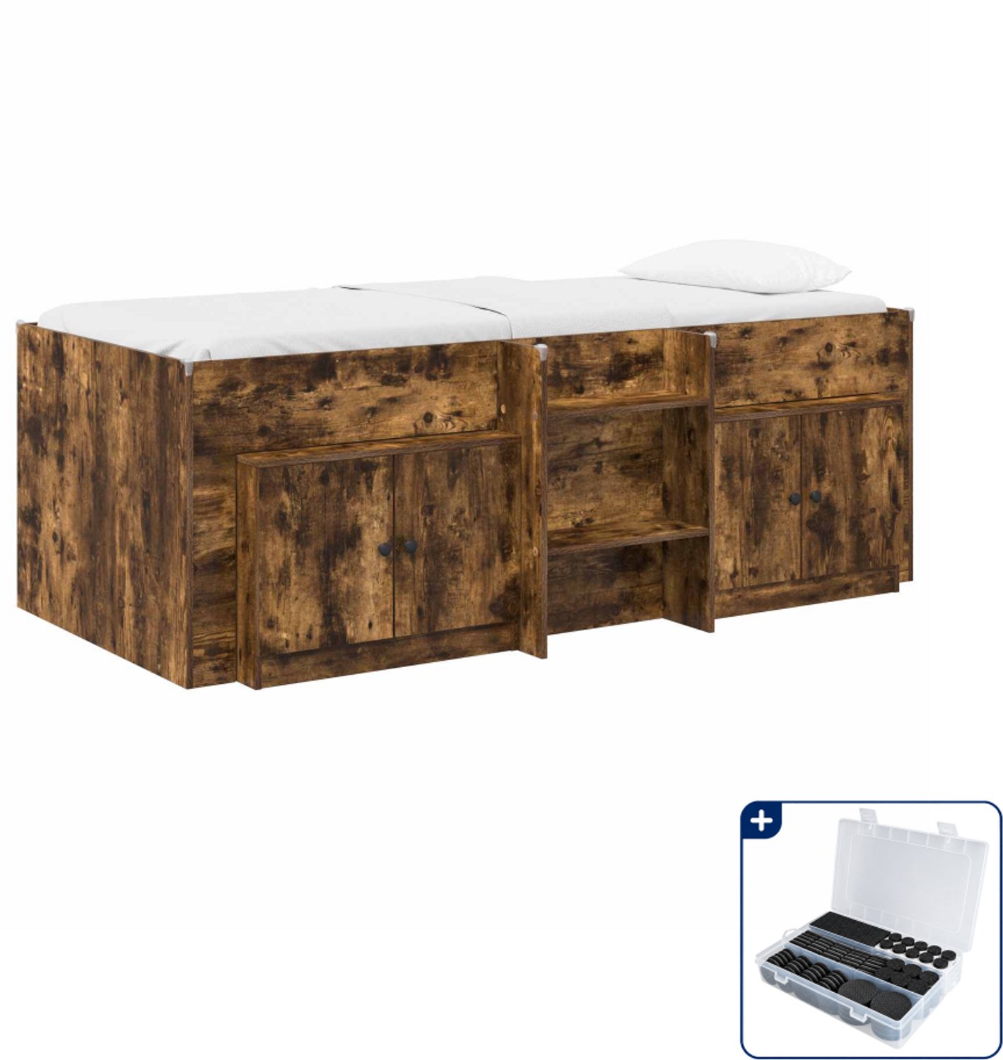vidaXL hoogslaper met 2 kasten - 80 x 200 cm - bewerkt hout - gerookt eiken - Inclusief antikrasvilt 177-delig Bruin