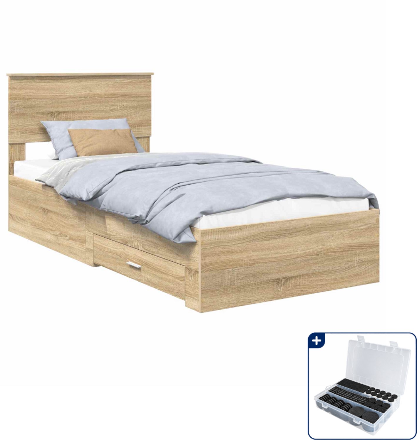 vidaXL Bedframe met lade - 90 x 200 cm - bewerkt hout - sonoma eiken - Inclusief antikrasvilt 177-delig Grijs