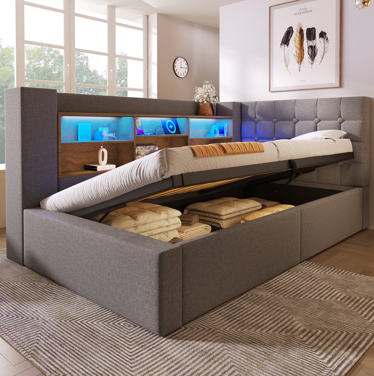 Maisentiel Gestoffeerd eenpersoonsbed 90 x 200 cm - grijs - opbergruimte, led en lattenbodem