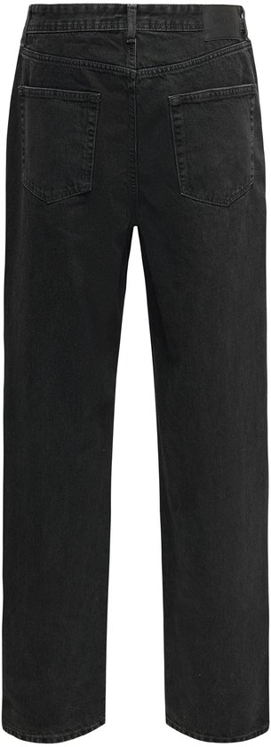 Achterkant van zwarte denim jeans met rechte pijpen en twee achterzakken.