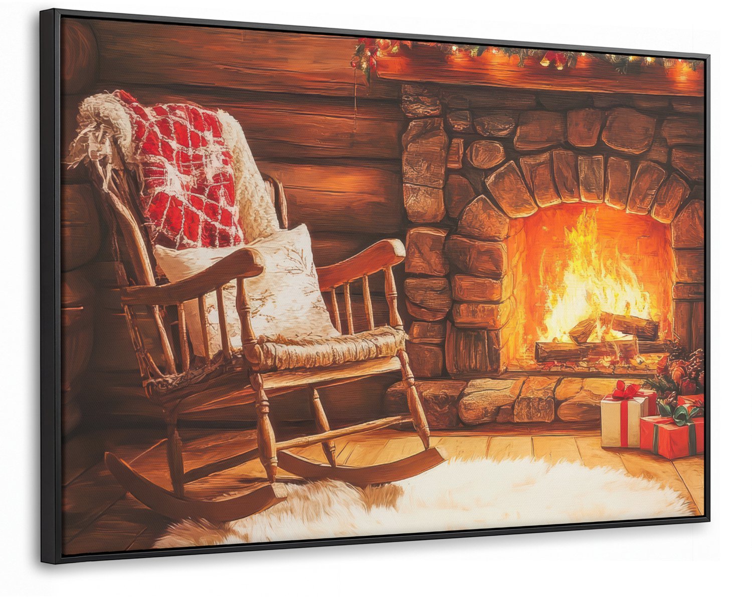 Canvas Schilderij met Baklijst 90x60cm - Winter - Kerst - Huis - Openhaard - Muurdecoratie woonkamer - Slaapkamer decoratie - Kamer accessoires - Schilderijen op canvas met lijst