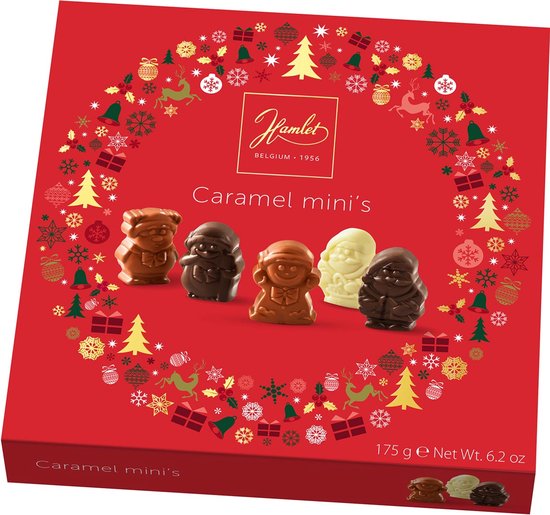 Rode doos Hamlet Caramel mini's met kerstkransillustratie en vijf figuurtjes van melk-, pure en witte chocolade.