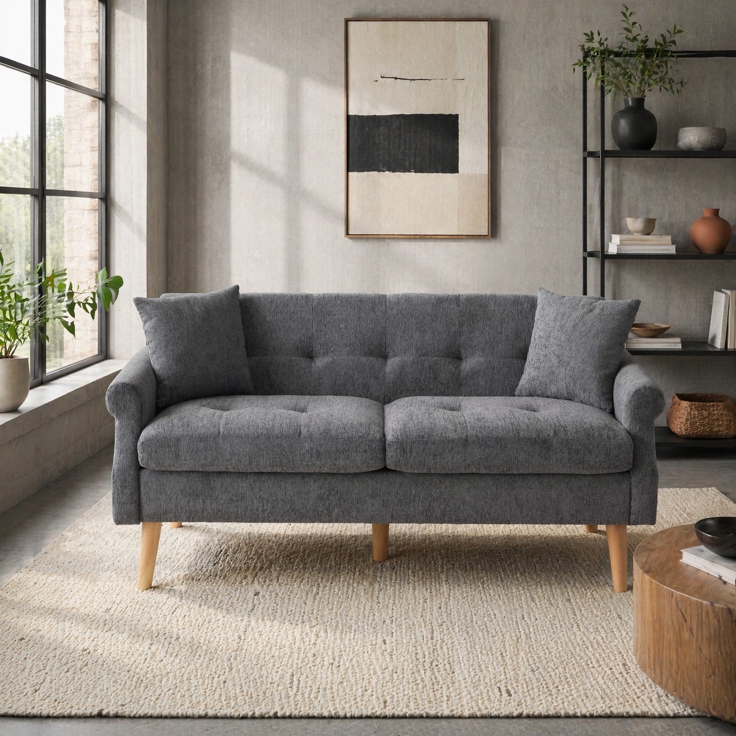 Maisentiel 2-zitsbank van chenille - grijs - 162 x 74 x 77 cm - houten poten