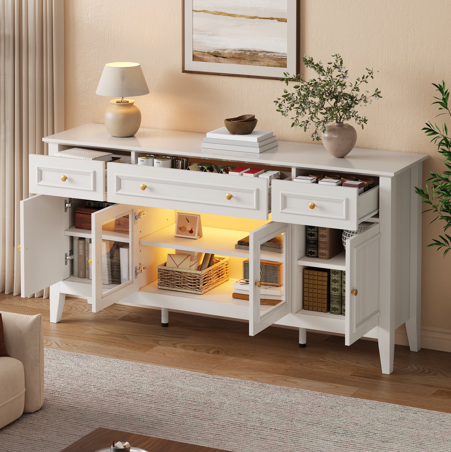 OKWISH Dressoir - 3 Laden, 4 Deuren en Ledverlichting via App - Voor Woonkamer en Eetkamer - Wit MDF - 160 x 40 x 78,5 cm