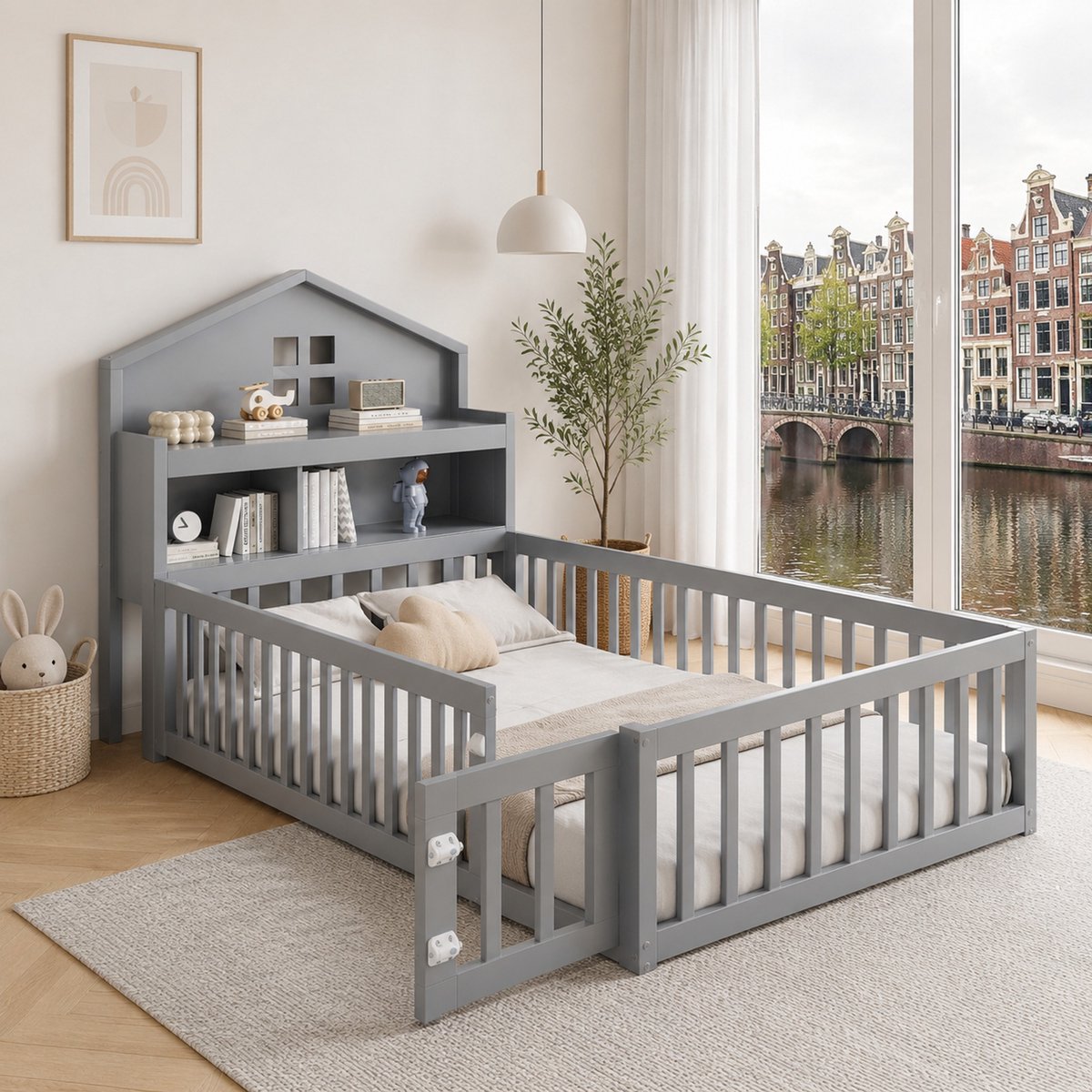 WUVRIE Kinderbed 90 x 200 cm - Huisbed met Bescherming, Stauraum, deur en Lattenbodem, Grijs