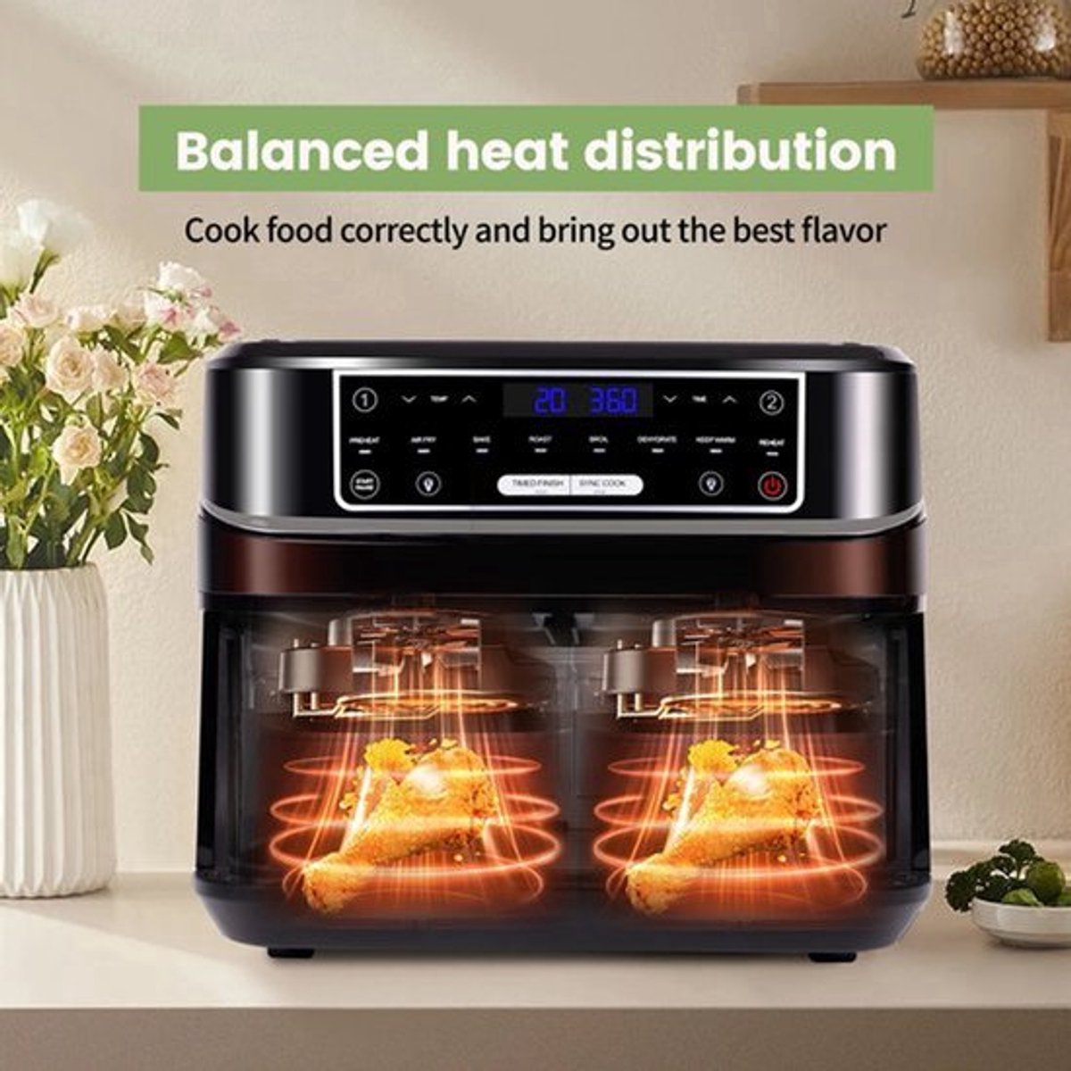 Heteluchtfriteuse 10L – Airfryer - Dubbele Lades – 2000W - 240V - Touchscreen – 8 Automatische Programma's – Kijkvenster - Zwart
