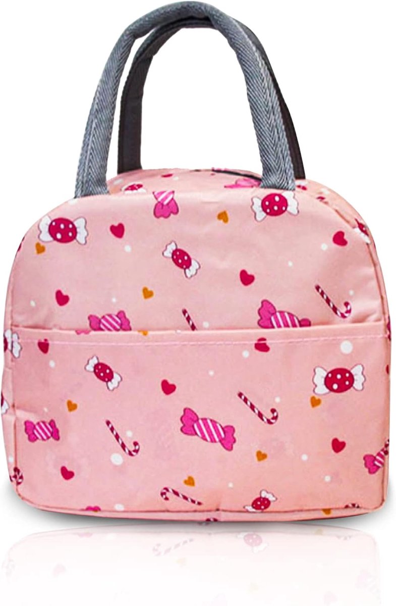Geïsoleerde lunchtas – Kleine lunchtas van polyester met aluminiumfolievoering en zachte buitenkant met snoepjesmotief – Geschikt voor vrouwen en kinderen (werk/school)