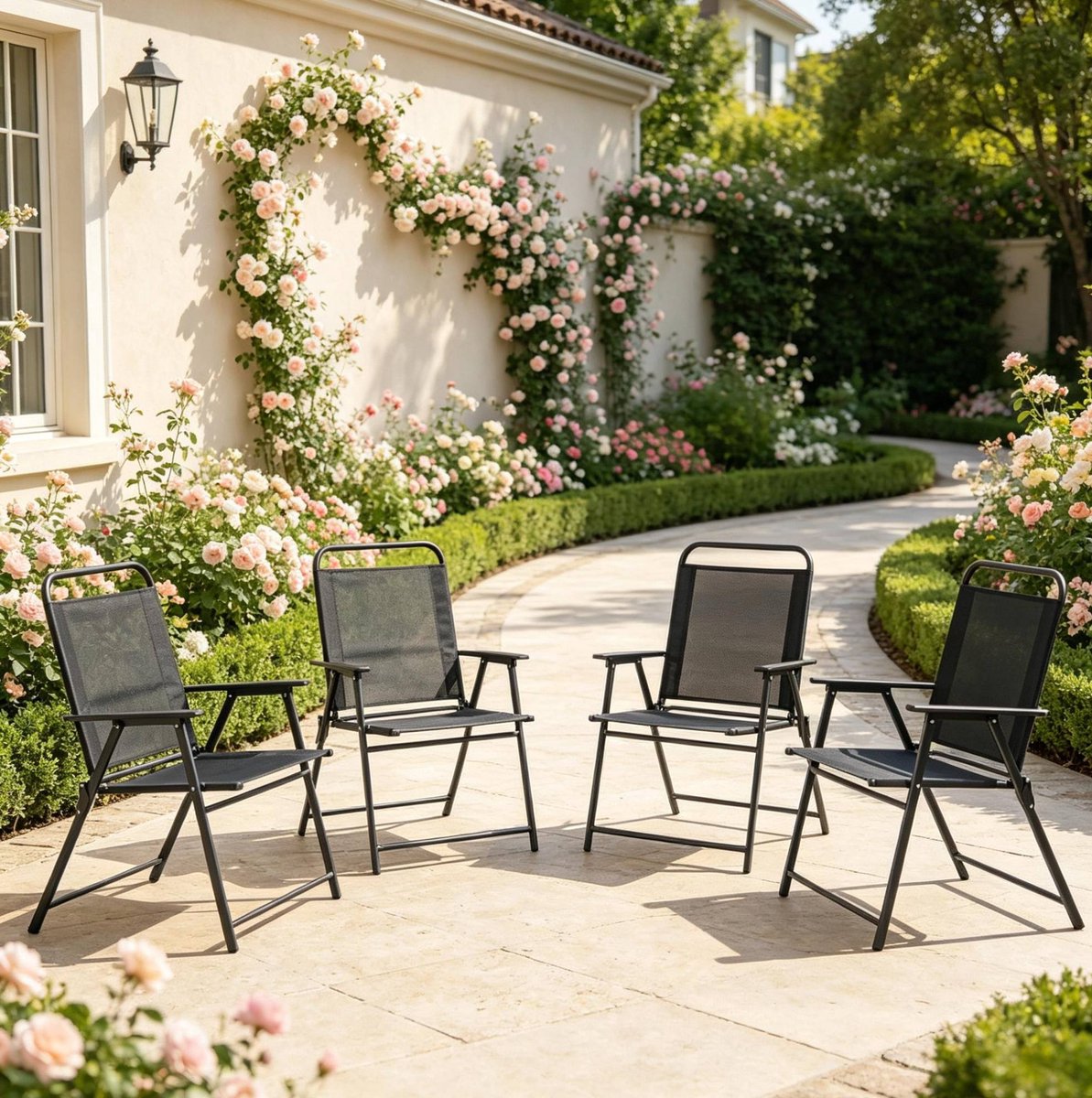 4er Set Klapbare Outdoor Tuinstoelen - Zwart, Hoge Rugleuning en Armleuningen, lichtgewicht en compact opvouwbaar