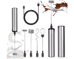 Elektrische Melkopschuimer USB Oplaadbaar - RVS Milkshaker met 5 Verwisselbare Garde-koppen, 3 Snelheden