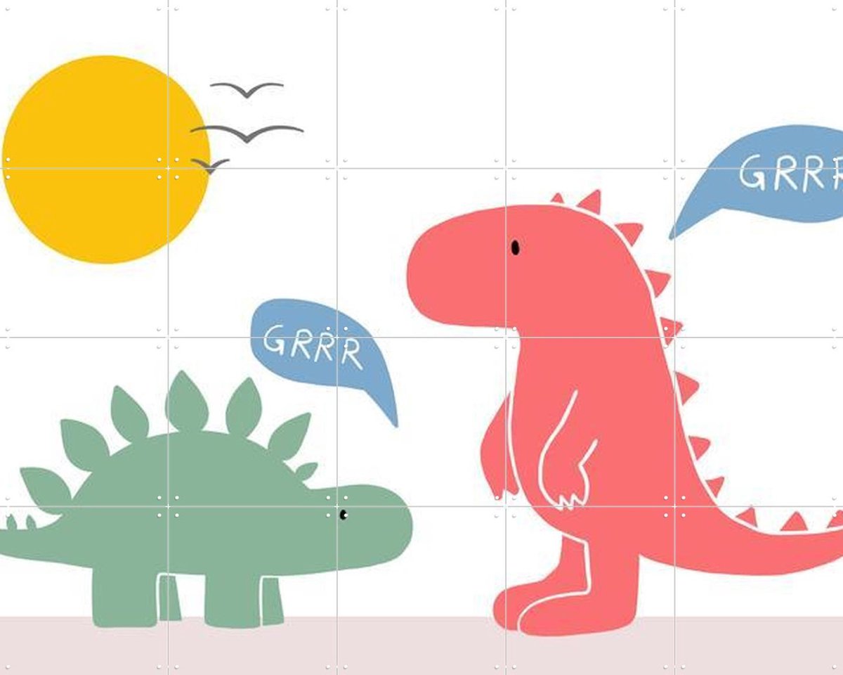 IXXI When Dinos Meet, BAINAI - 100 x 80 cm - Gratis ophangtool - Grote wanddecoratie en posters - Fantasierijk, Kleurrijk, Speels, Cartoonesk