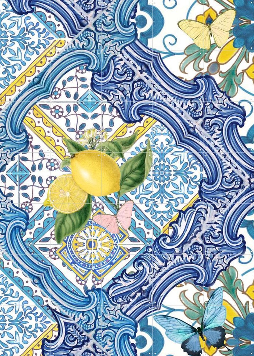 IXXI Mediterranean tiles and lemons blue I, Bloomery Decor - 100 x 140 cm - Gratis ophangtool - Grote wanddecoratie en posters - Kleurrijk