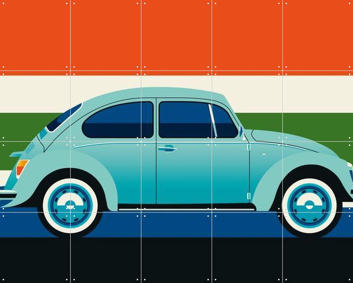 IXXI Mint Vintage Car with Stripes, Bo Lundberg - 100 x 80 cm - Gratis ophangtool - Grote wanddecoratie en posters - Vintage, Pop art, Illustraties