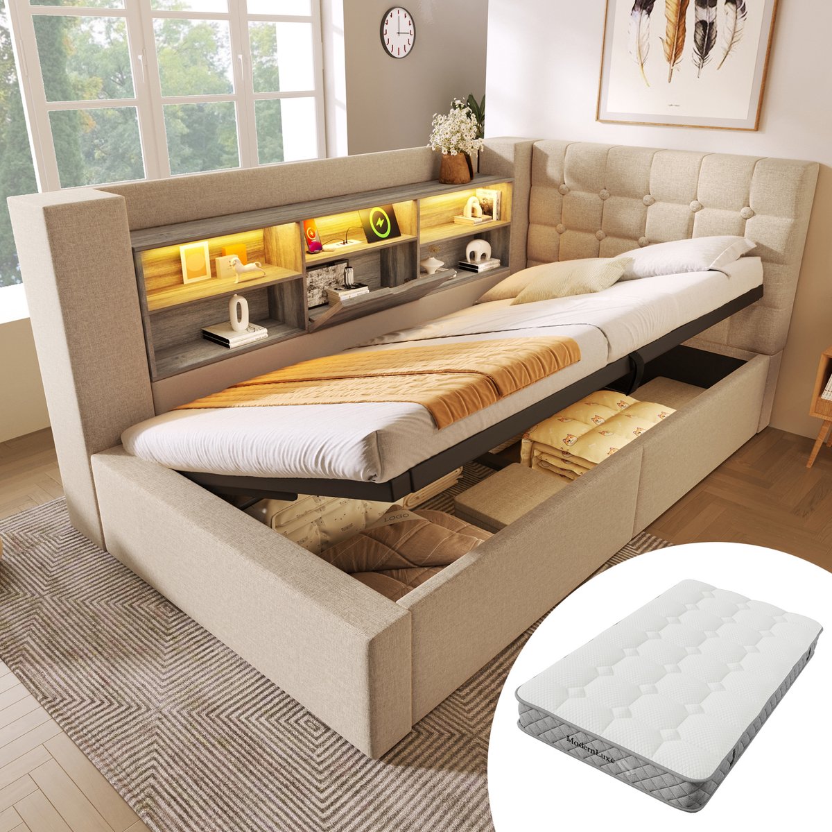 COVREO Eenpersoonsbed met LED en opbergruimte – 213x108x86 cm – Bed van stof, metaal en hout – L-hoofdbord en USB – Beige - met matras