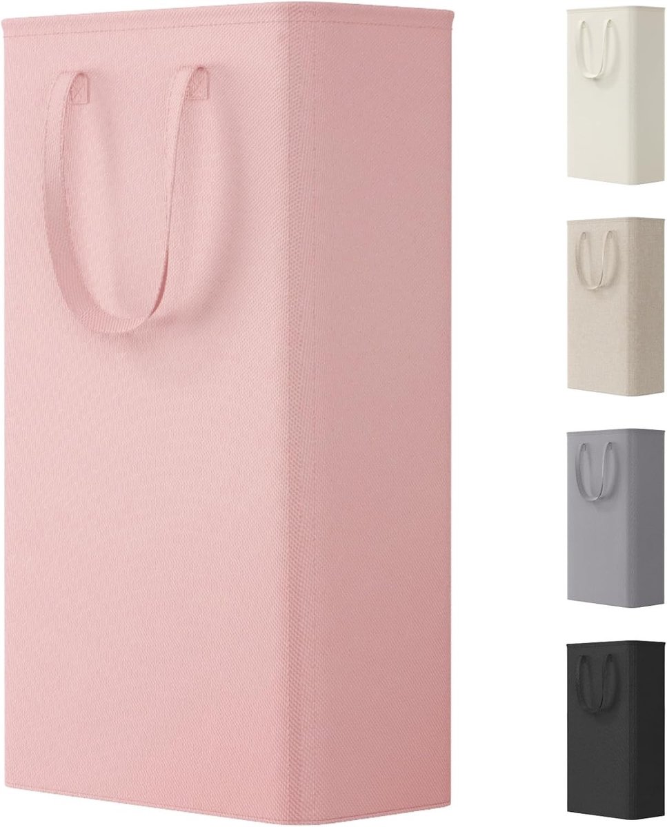 Vouwbare Wasmand met Handvatten, Smalle Opbergmand voor Vuile Kleding, 65L, Geschikt voor Badkamer, Slaapkamer en Wasruimte, Roze