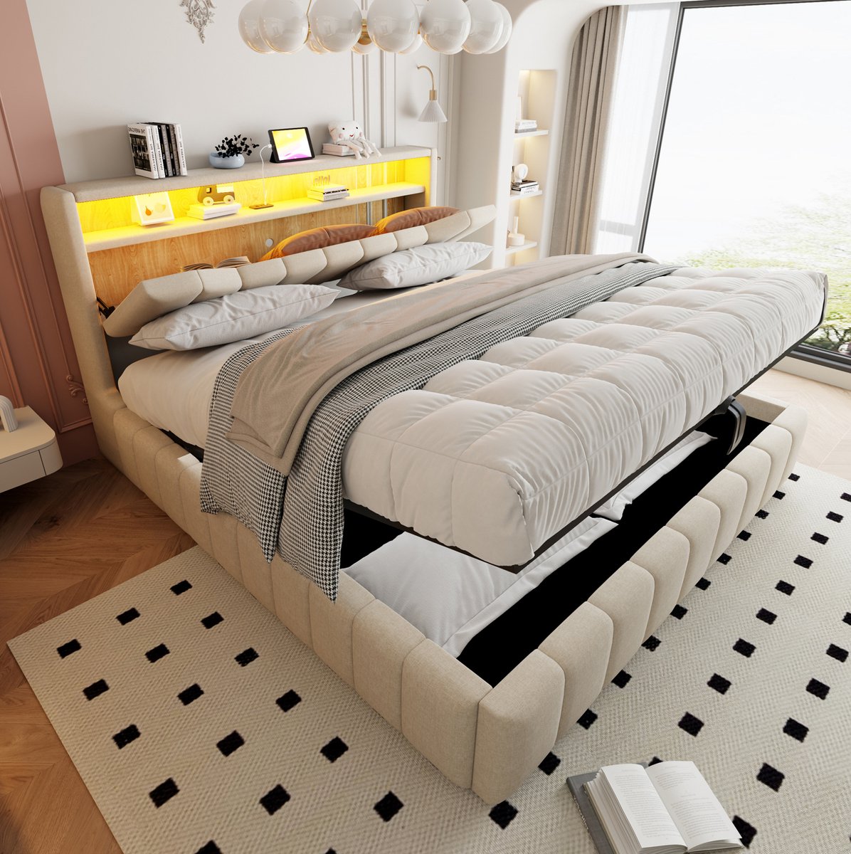 Gestoffeerd Bed 180x200 Cm Zonder Matras Met Opbergruimte, Hydraulisch Systeem, Led Verlichting, Usb En Usb C, Leinen Stof, Beige