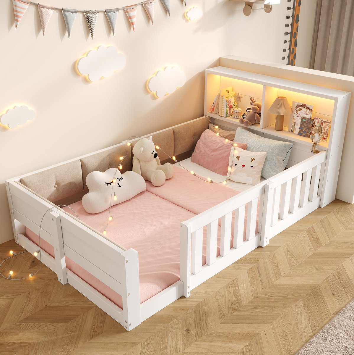 Normaal Bed 90x200 cm Zonder Matras Met Opbergruimte En LED Verlichting Met Uitvalbeveiliging En Zachte Rugleuning Voor Kinderkamer Wit
