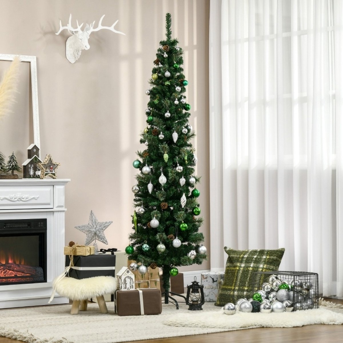Kunstkerstboom Slank 195 Cm Plastic Groen Met Tannenzapfen En Vlamvertragend Voor Een Natuurlijke Kerstsfeer In Huis