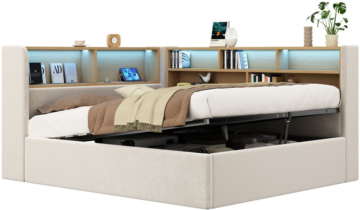 REDOM- Bedbank met hydraulische opbergruimte - Ingebouwde matrasfixatie - LED-verlichting en USB/Type-C - Moderne stijl - Slaapkamer - Stof - Beige - 140 x 200 cm