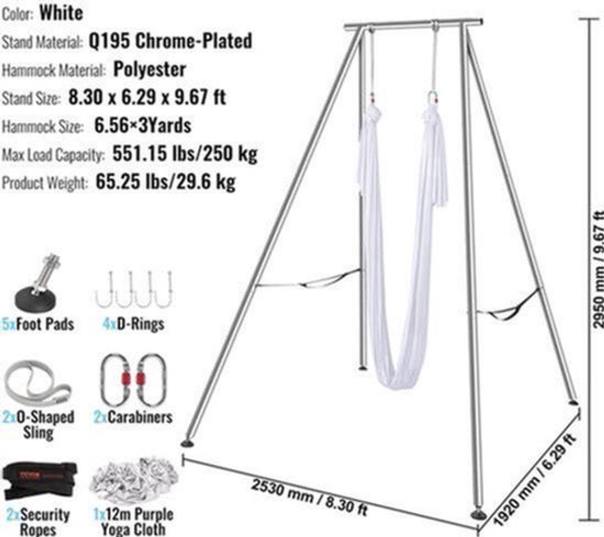 Aerial Yoga Frame – Yoga Hangmat – Stretching Frame – Buiten En Binnen – Max Draagkracht 250 Kg – Roestbestendig Chroom - Wit