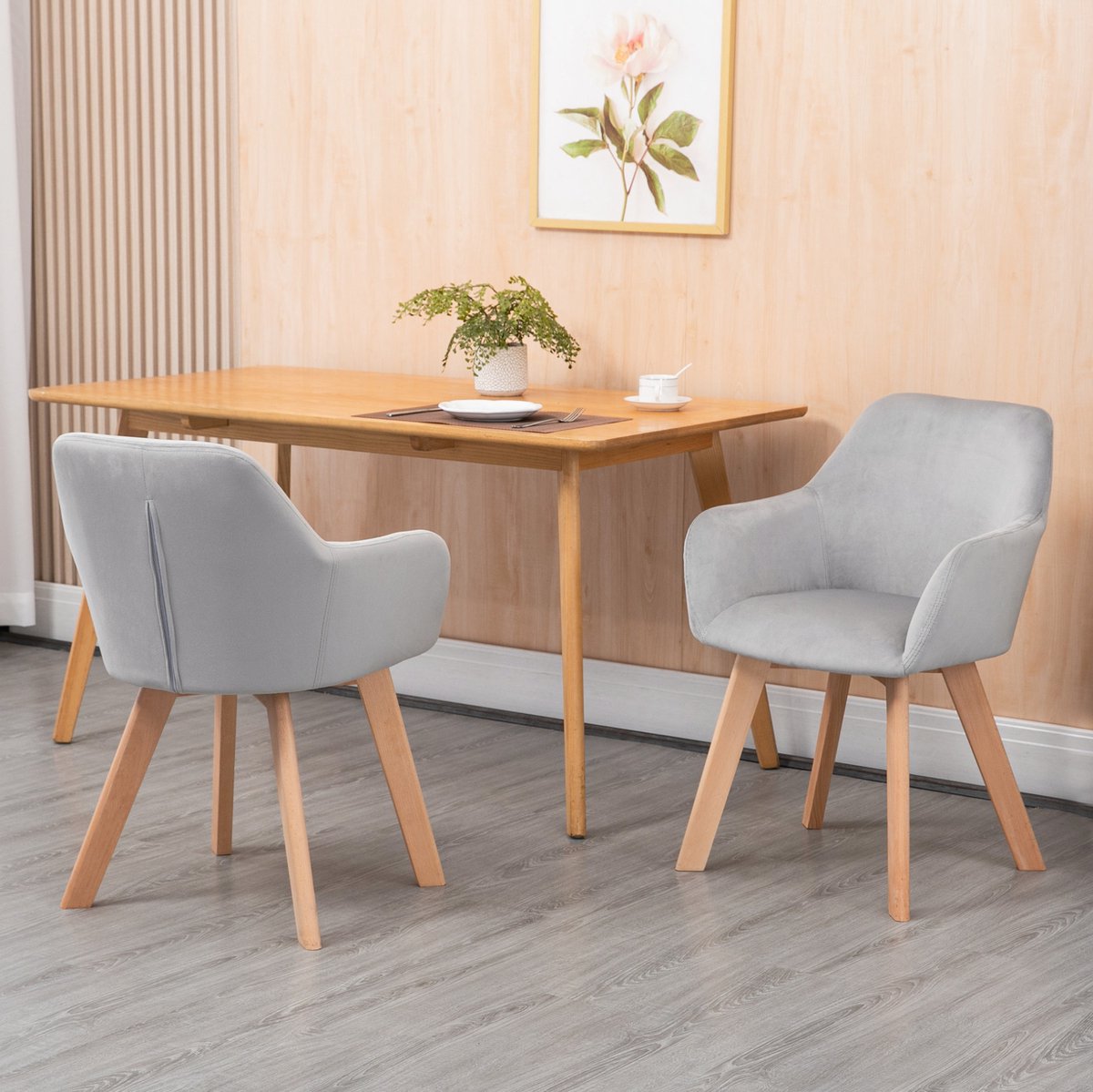 Eetkamerstoel Set Van 2 Grijs Velours Met Armleuning En Rugleuning Houten Poten Voor Eetkamer Woonkamer En Bureau