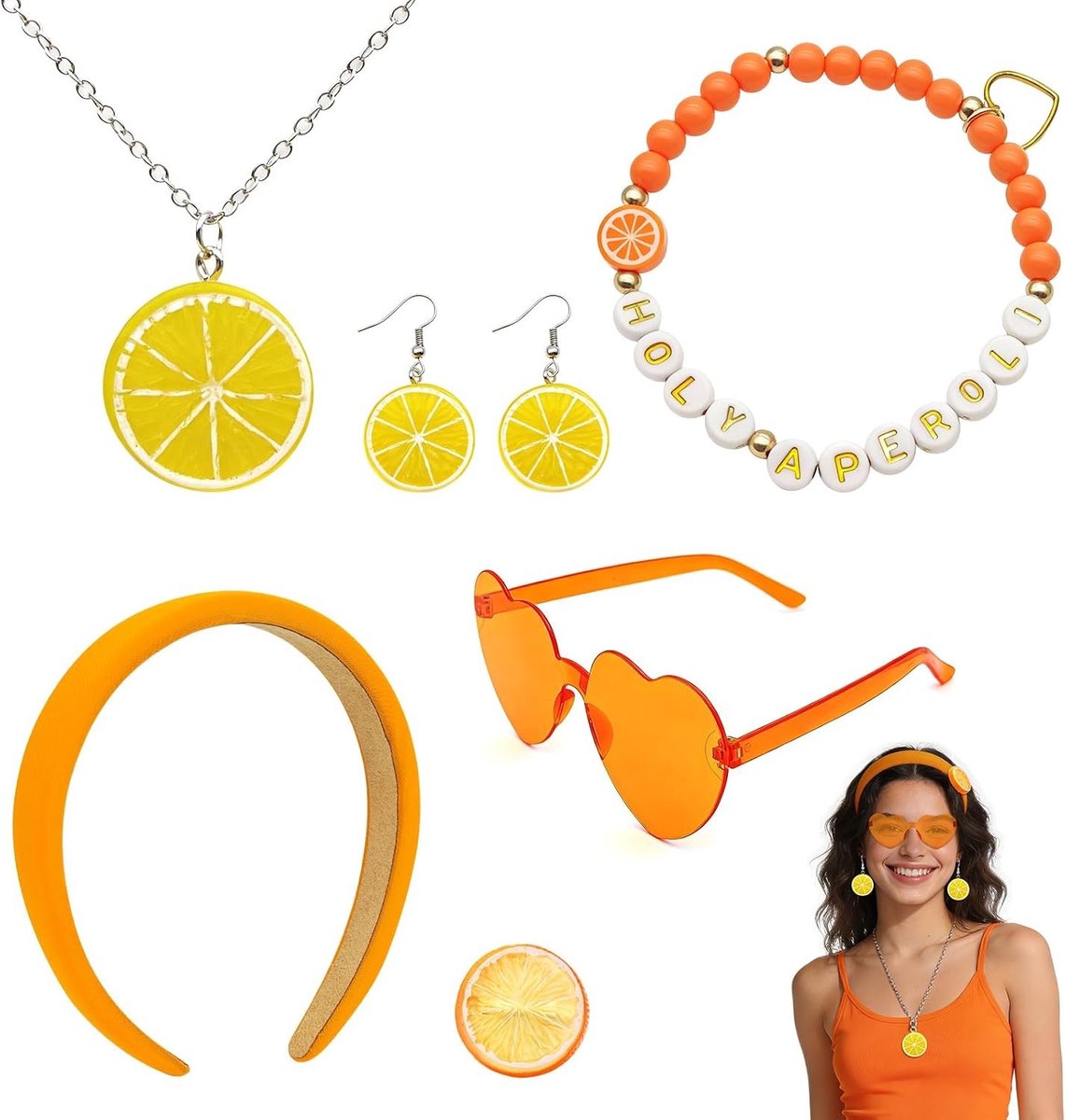 Vrouwelijke accessoires voor een feestelijk Aperol Spritz kostuum met stijlvolle details en flair