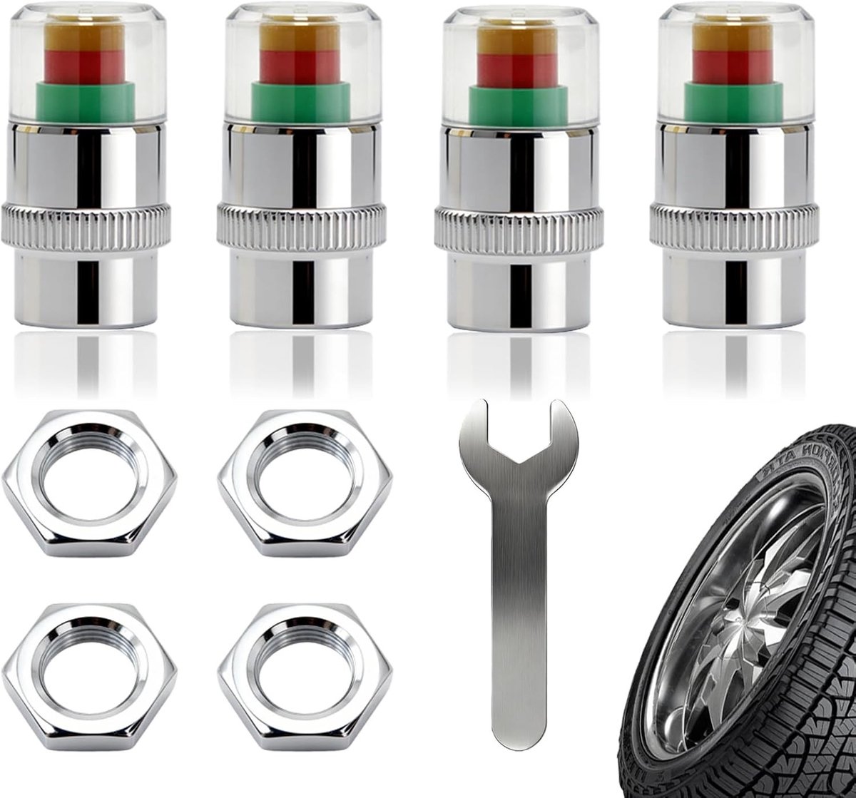 Set van 4 Ventielkappen voor Bandenspanning Monitoring, Veiligheidswaarschuwing, Sensorindicatie in 3 Kleuren, Geschikt voor Auto's, Motoren en Fietsen