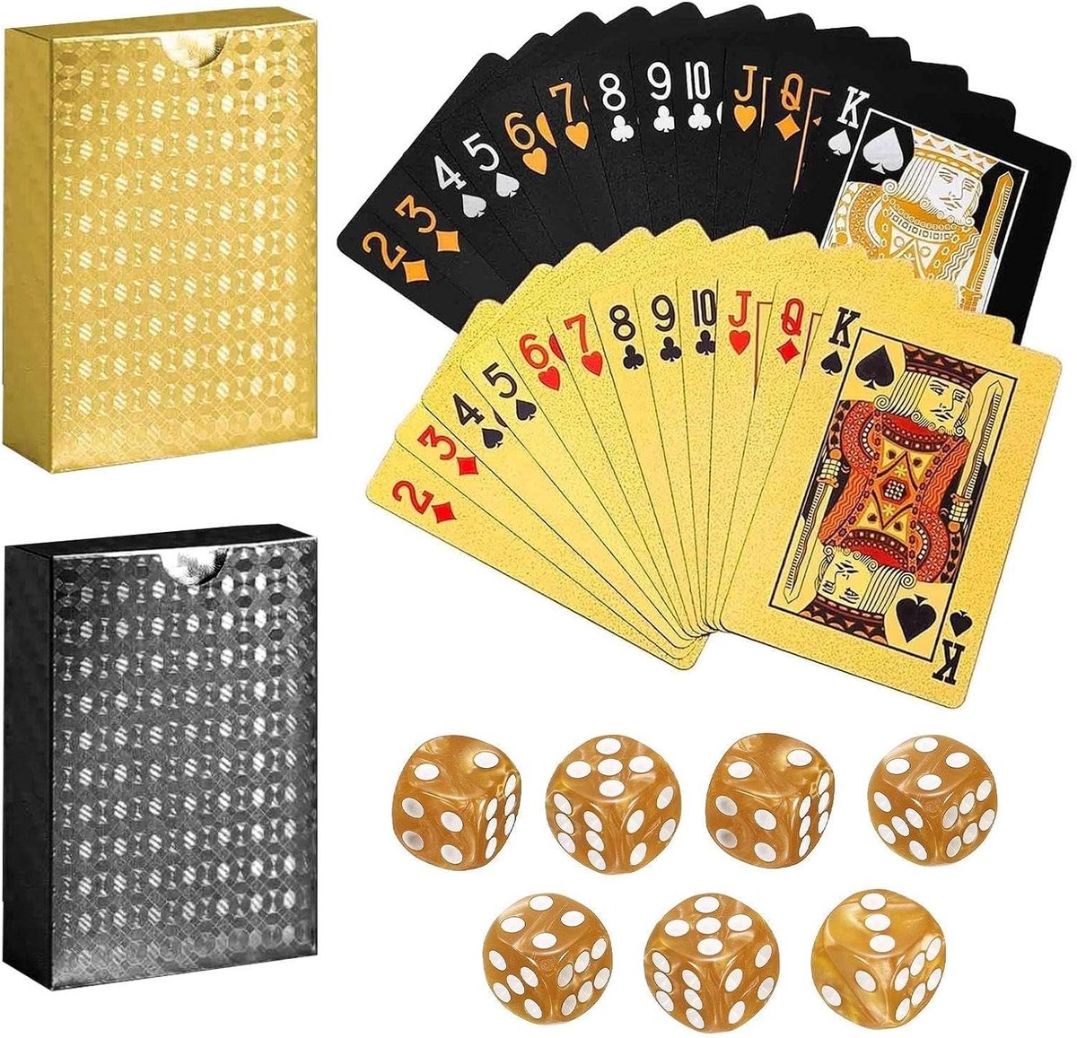 Complete 7-delige bordspelset met waterdichte speelkaarten en unieke diamante textuur voor poker en strandspellen.