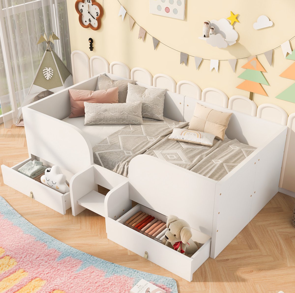 OKWISH Kinderbed 90x200 cm - Bed Met Twee Grote Lades En Veiligheidsladder - Met Opbergruimte - Hout - Wit - Zonder Matras