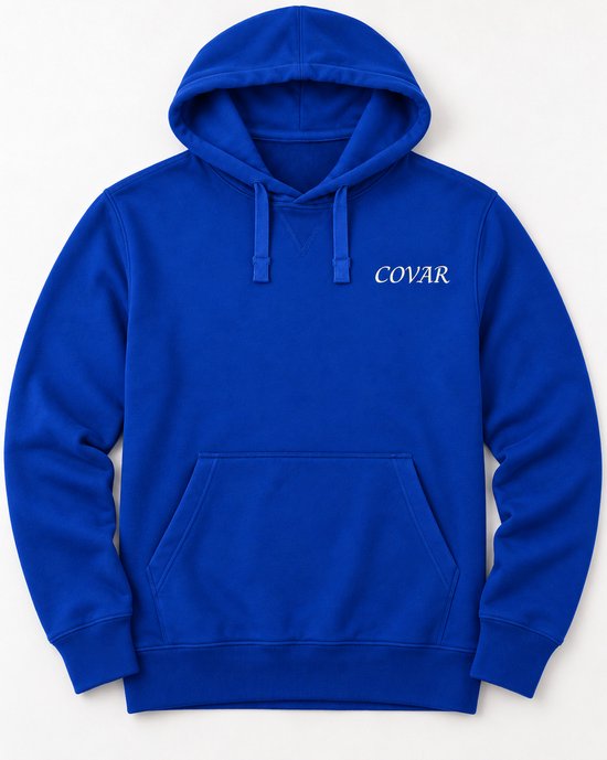 Koningblauw katoenen hoodie met capuchon en 'COVAR' logo op de borst.