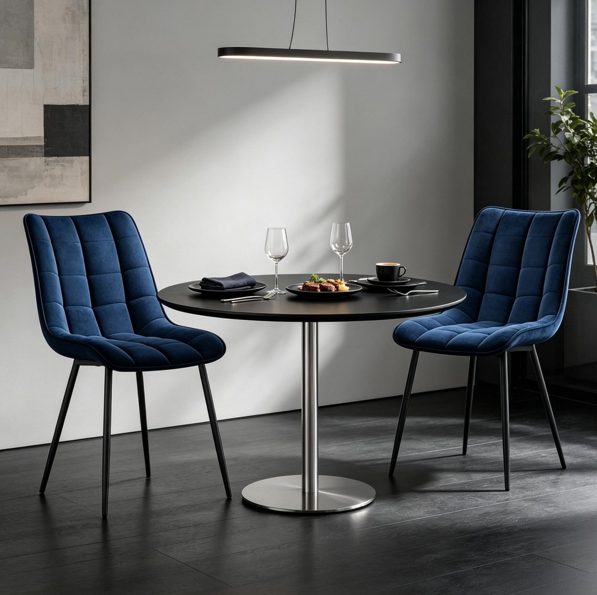 Comfortabele Eetkamerstoel Set Van 2 - Modern Design Met Gestikte Bekleding - Voor Eetkamer En Woonkamer - Velvet Blauw