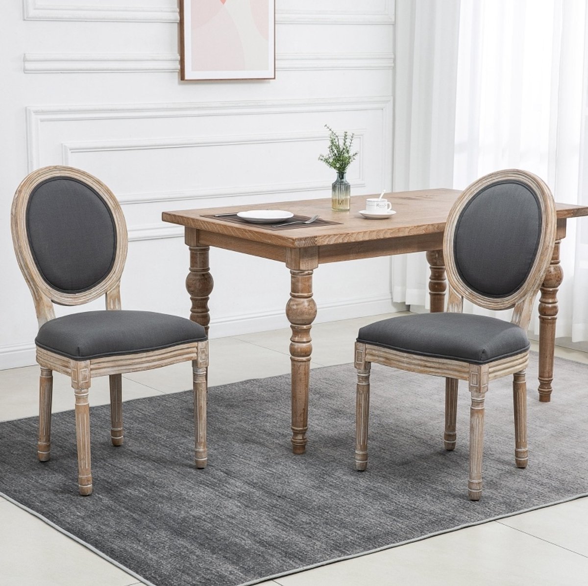 HAUSS SPOLE Eetkamerstoel Set Van 2 Franse Landelijke Stijl Gestoffeerde Stoelen Met Houten Onderstel Voor Eetkamer En Woonkamer Grijs