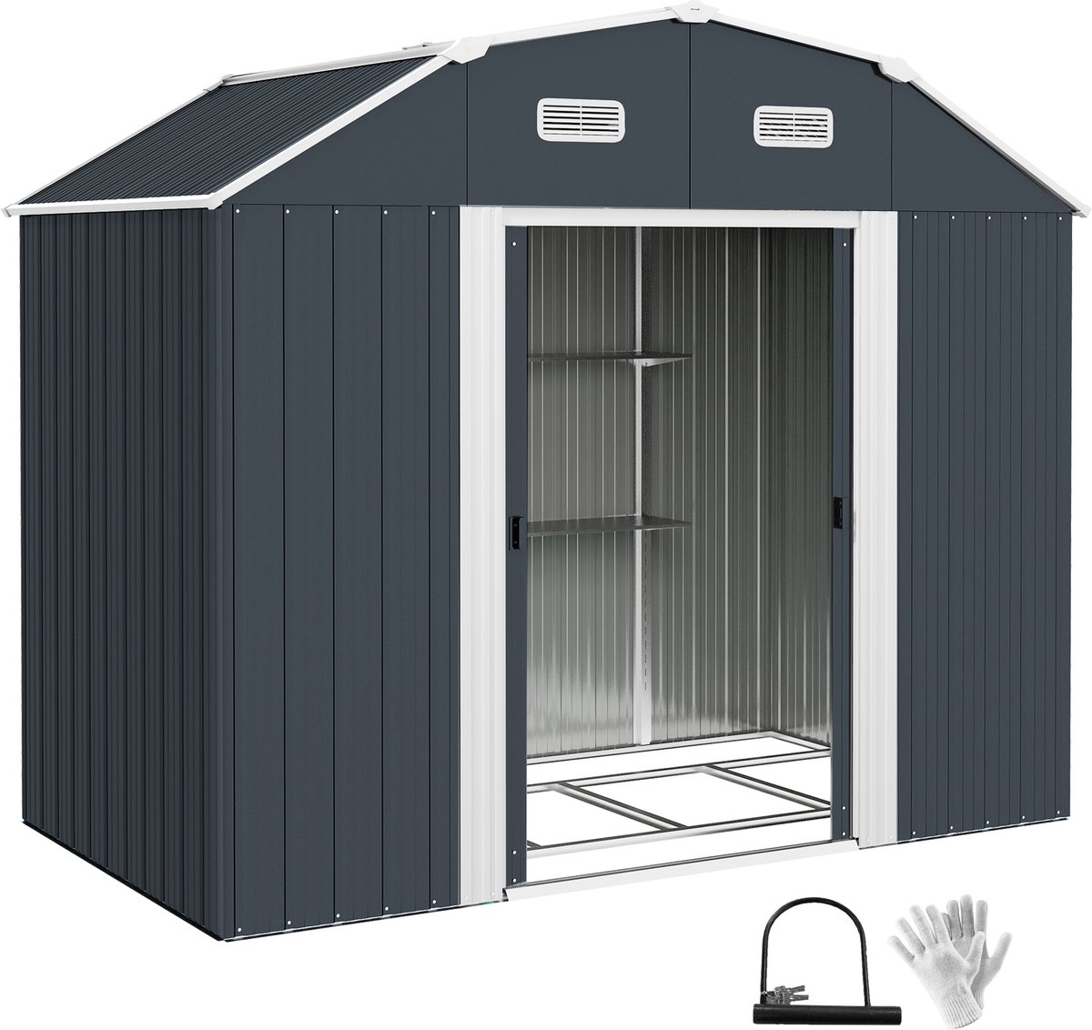 Tuinhuis - 238x132x198 cm - Donkergrijs - Gegalvaniseerd - Raam - Afsluitbaar - Bodemframe