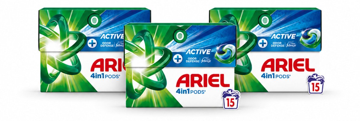 3 x Ariel - 4in1 Wasmiddel Pods - Actieve Geurbestrijding - 15 Pods - Voordeelverpakking - 3 stuks