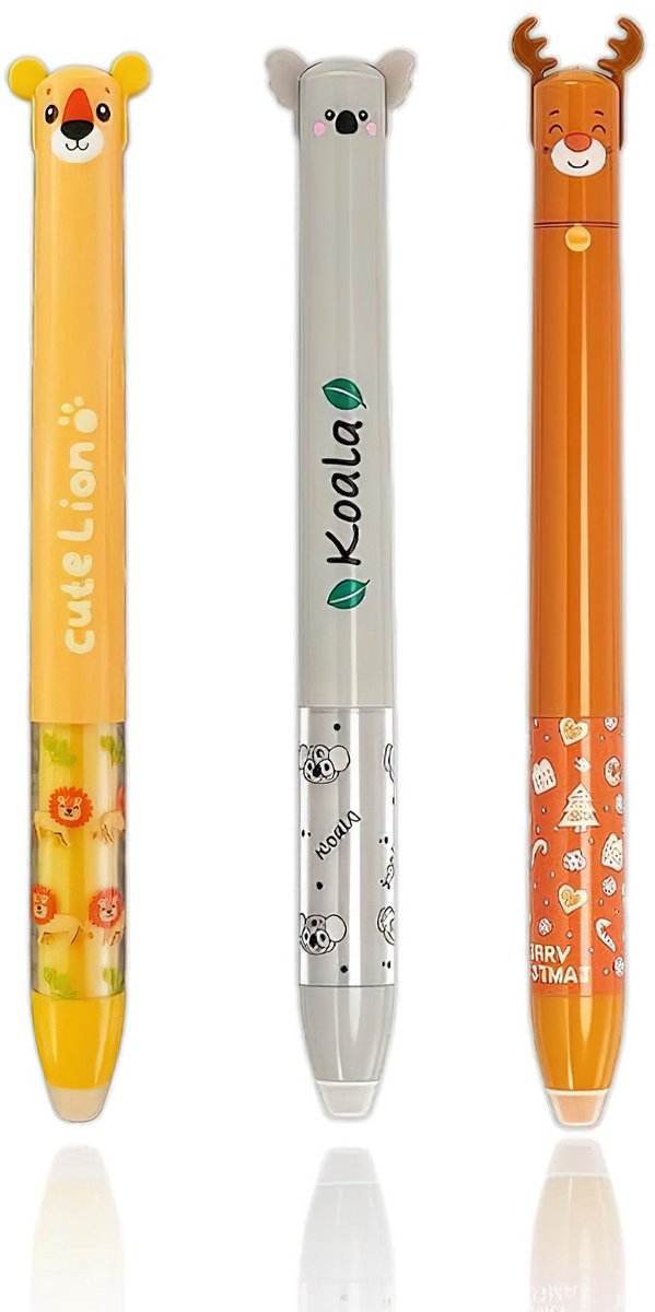 Ainy Kawaii Dieren 2in1 uitwisbare pen set | 3 uitgumbare pennen voor etui , pennenzak of pennenbak | Blauw en RoodInkt | Leeuw, Koala en Hert design | Uitgumbare gelpennen schrijfwarenset voor kinderen en volwassenen