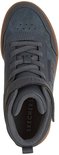 Bovenaanzicht van grijze Skechers veterboots met klittenbandsluiting en bruine zool.