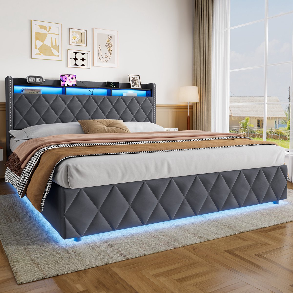 STILVORA Opbergbed – USB-Laadfunctie En Verstelbaar Hoofdbord – 180 x 200 cm – Fluweel, Hout En Metaal – Donkergrijs – Slaapkamer Met Opbergruimte