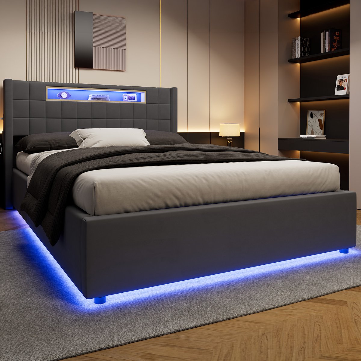 STILVORA Opbergbed – LED-Verlichting en Hydraulische Opbergruimte – 140 x 200 cm – Fluweel – Donkergrijs – Tweepersoonsbed voor Slaapkamer