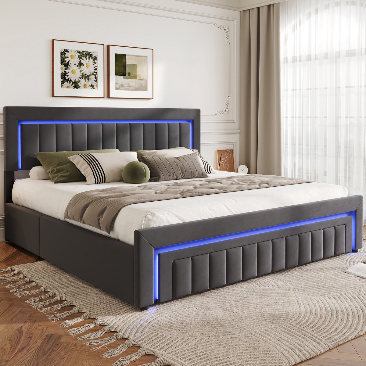 STILVORA Gestoffeerd Bed – 160 x 200 cm – Met Opberglades En LED-Verlichting – Fluweel – Donkergrijs – Tweepersoons Slaapkamer – Met Lattenbodem