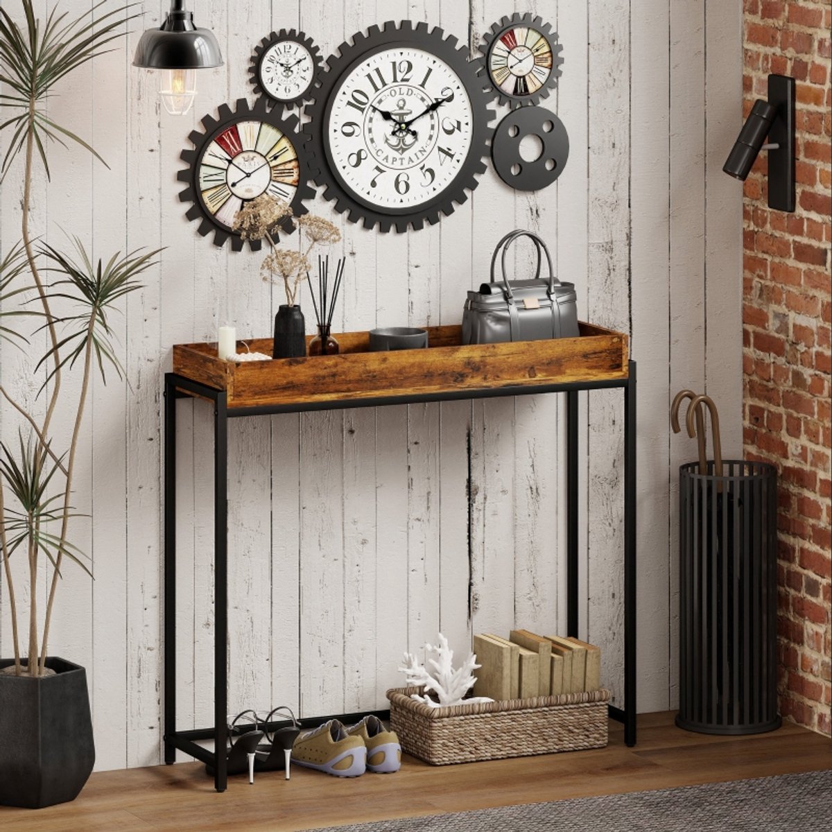 HAUSS SPOLE Sidetable Slank Industrieel Met Opstaande Rand Voor Hal En Woonkamer Metaal Spaanplaat Rustiekbruin 100x30x91 Cm