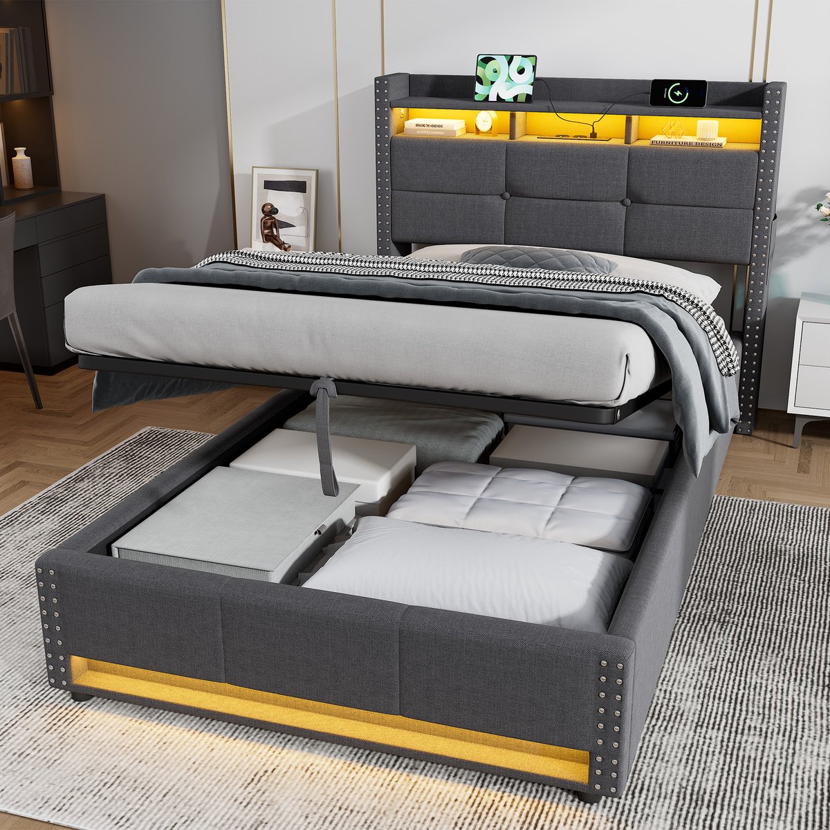 DESMIU Gestoffeerd Bed 90x200cm – Led Verlichting En Oplaadfunctie – Hydraulische Opbergruimte Met Verstelbaar Hoofdbord – Voor Slaapkamer – Linnen – Donkergrijs – Zonder Matras