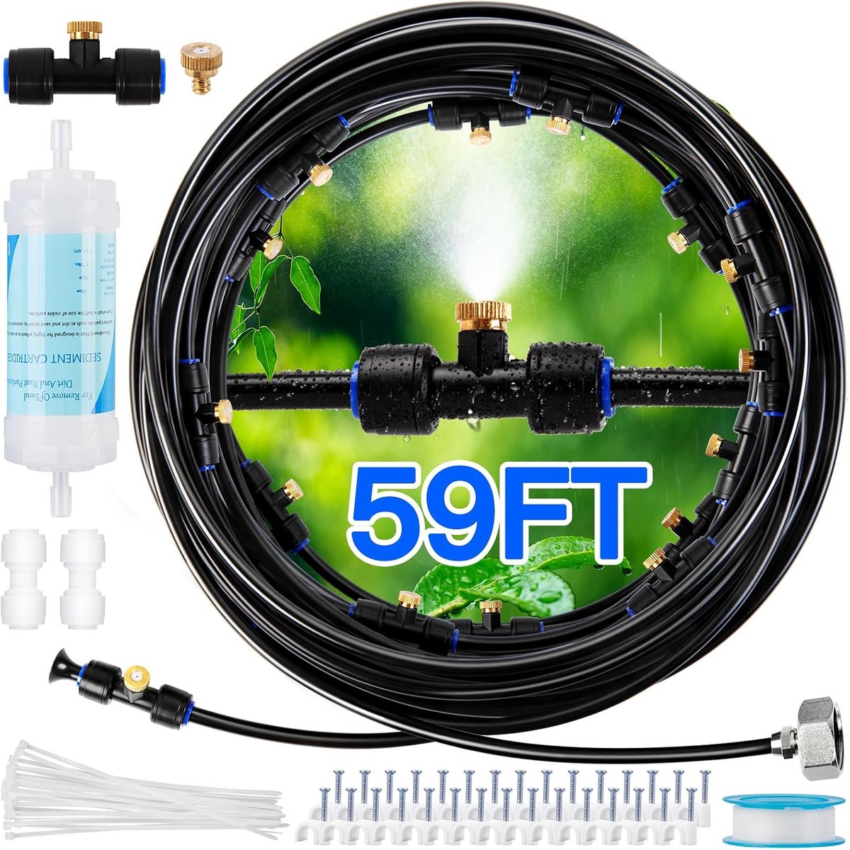 KZQ Buitensproeiersysteem met waterfilter - 18 meter mistleiding met 20 messing sproeiers - 3/4" adapter - Voor terras kas en tuin - Zwart